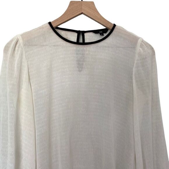Cue 8 Medium White Chiffon Semi Sheer Blouse Black Trim Tied Sleeve Crew - Picture 2 of 10